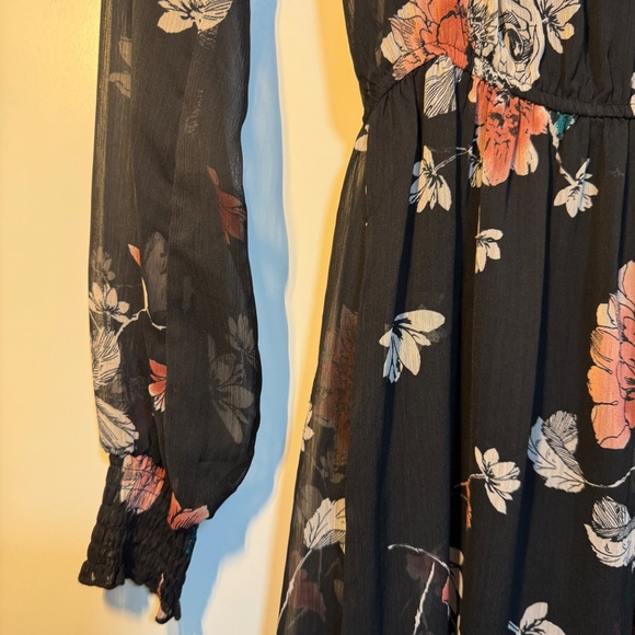 Love Fire Semi-Sheer Lined Floral Midi Dress – Black Multi, Size Small - Picture 5 of 8